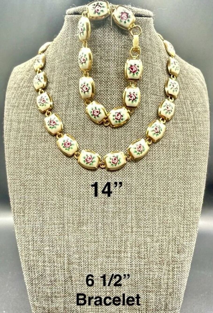 63. Vintage Art Deco Enamel Rose Floral Necklace and Bracelet